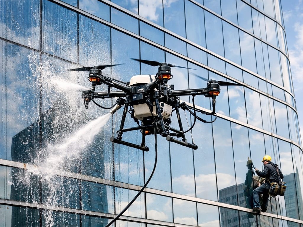 Cam cephe temizliği için drone operasyonu