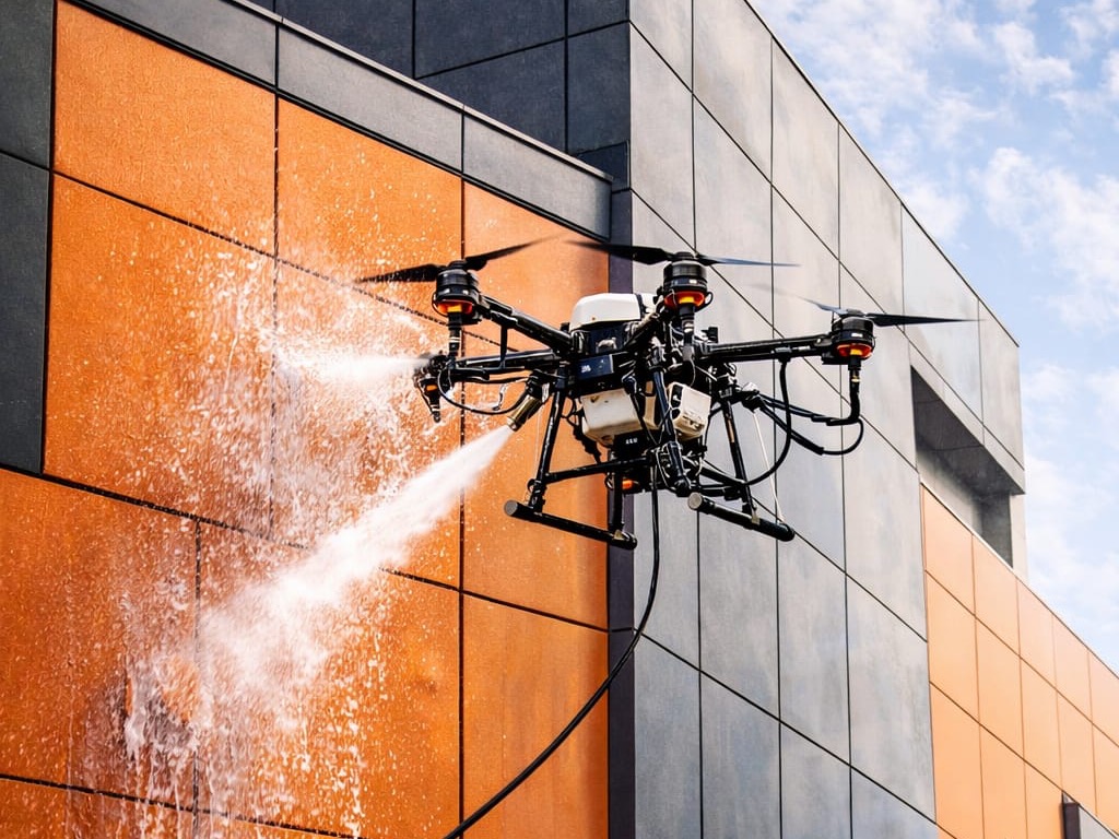 Kompozit cephe üzerinde drone ile temizlik uygulaması