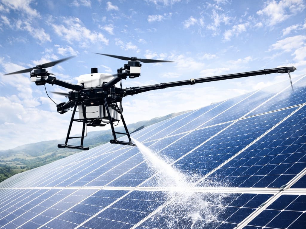 Güneş paneli sahasında drone destekli bakım çalışması